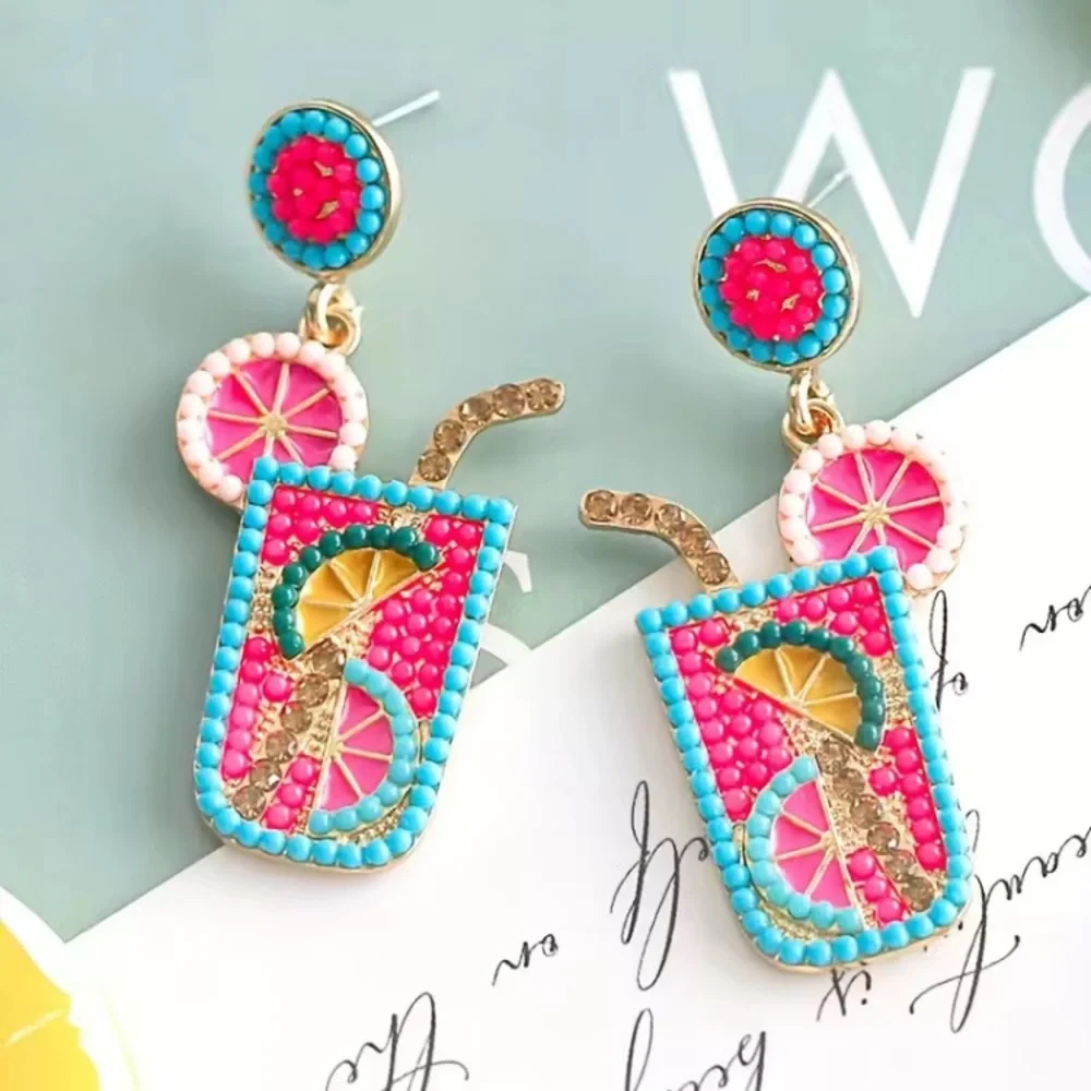 Colourful Summer Drink  Cocktail Earrings Pink Turquoise Blue Gold Tone Lemonade - Picture 4 of 7